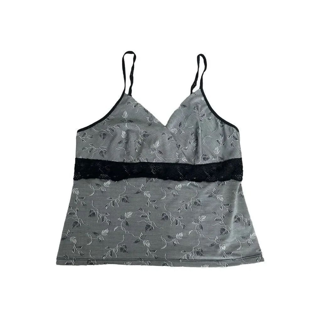 vintage y2k morgan taylor intimates tank top camisole gray leafs black lace M